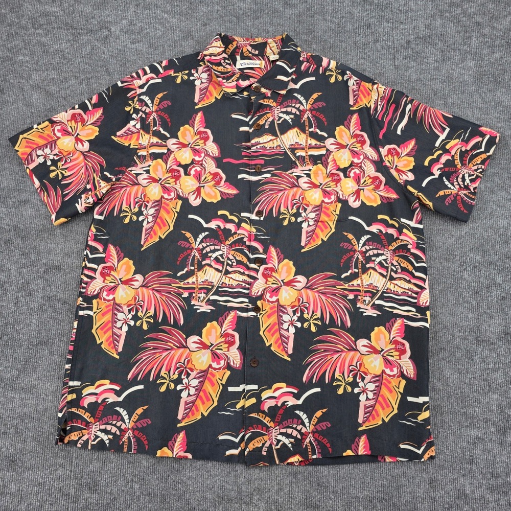 Caribbean Mens XL Tropical Hibiscus Palm Tree Button Down Shirt Black Pink Modal